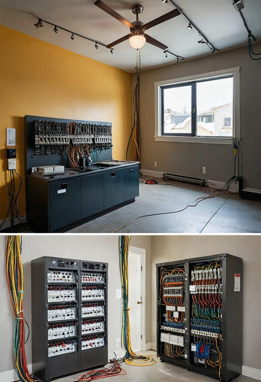 A split scene depicting home wiring on one side with tools like wires, circuit testers, and light fixtures, transitioning to a commercial installation featuring a large electrical panel, safety equipment, and workers in hard hats. Bright and engaging, with a warm, inviting color palette for the home side and a professional, sleek look for the commercial side. Emphasize the contrast between cozy home electrical setups and bustling commercial environments. super-realistic. vibrant colors.