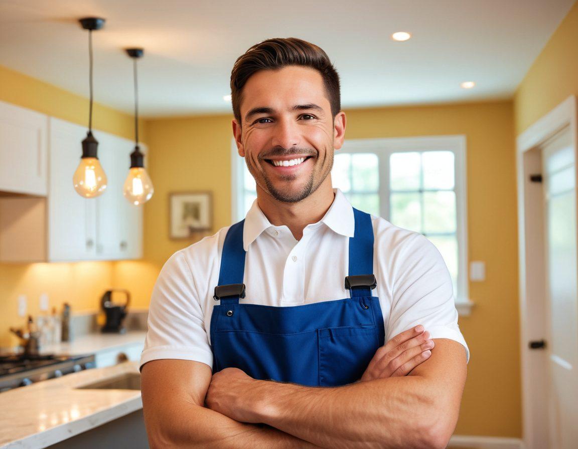 A warm, inviting scene featuring a friendly licensed electrician in uniform, safely working on a well-lit home. Bright light bulbs illuminate the space, symbolizing safety and affordability, with tools neatly organized around them. The atmosphere is cheerful and professional, showcasing a modern and trustworthy service. Use vibrant colors and a clean background to create an uplifting mood. super-realistic. vibrant colors. clean background.