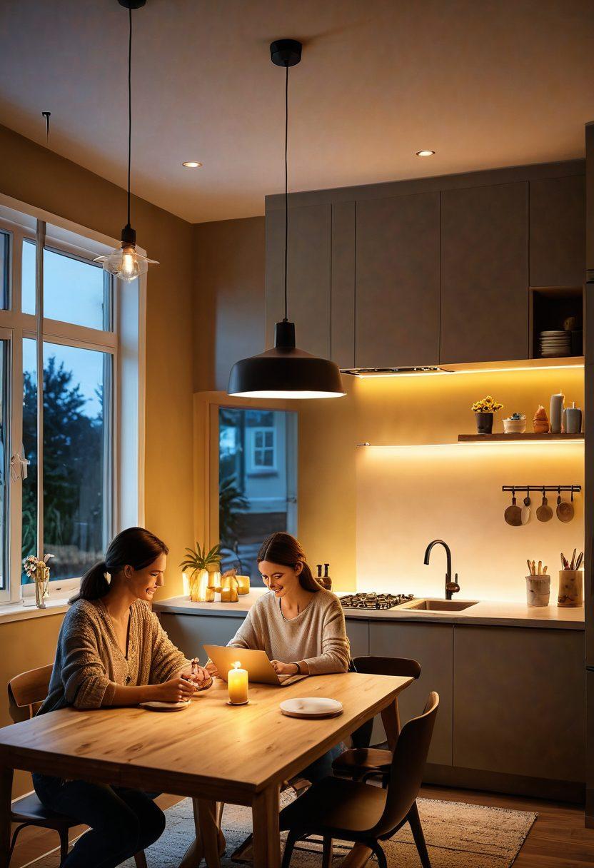 A cozy home setting illuminated by warm, ambient lighting, showcasing various affordable electrical solutions like LED bulbs, smart plugs, and extension cords neatly arranged on a table. In the background, a cheerful family enjoys their space, emphasizing the emotional impact of lighting. Bright colors that evoke positivity and energy fill the scene. super-realistic. vibrant colors. 3D.